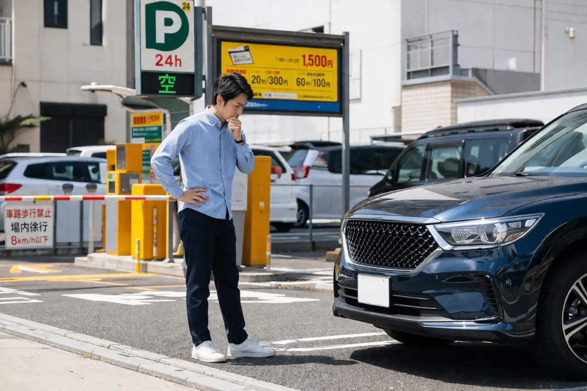 出先の駐車場で車が動かず困っている症状イメージ
