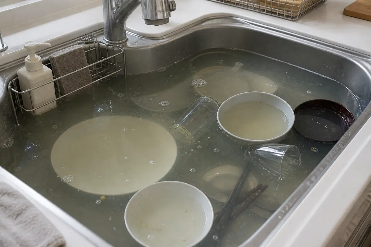 キッチン詰まりでシンクに水が溜まっているイメージ