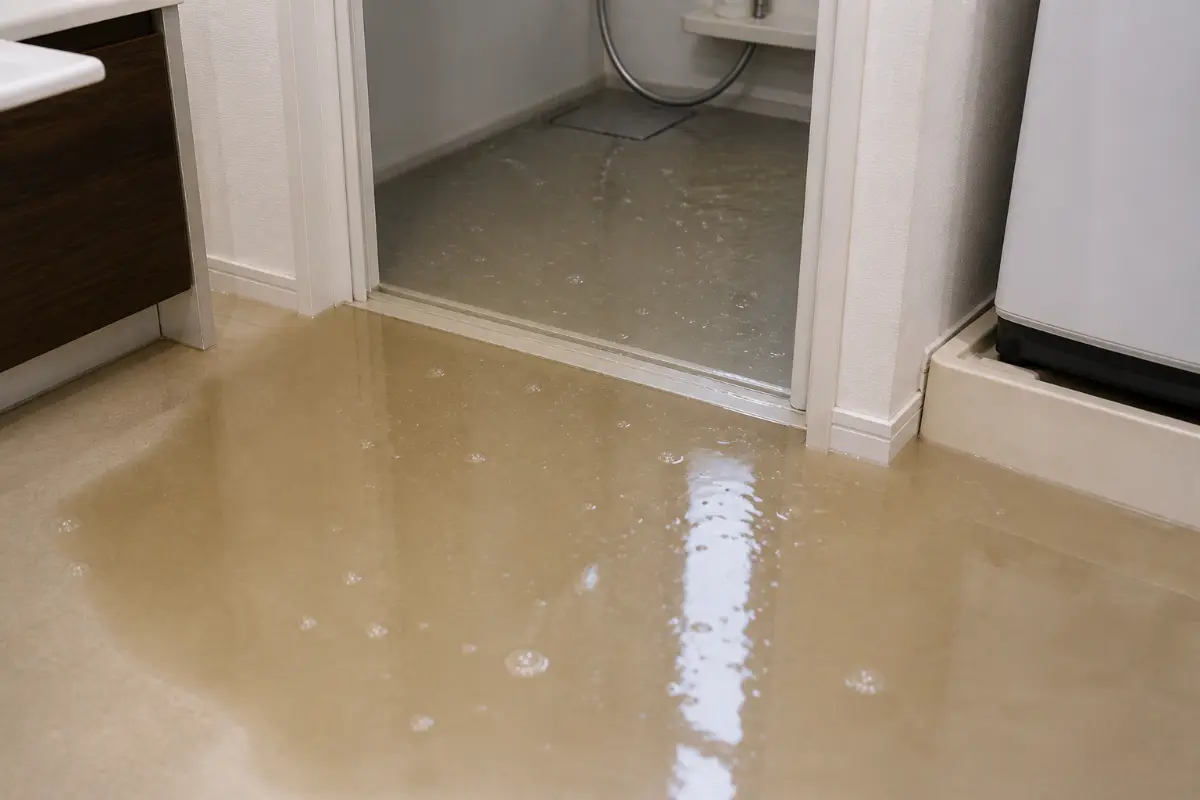 水回り詰まり対応前の床に水が広がっている状態