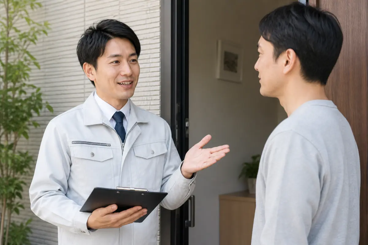 水漏れ修理の作業内容を事前説明しているイメージ