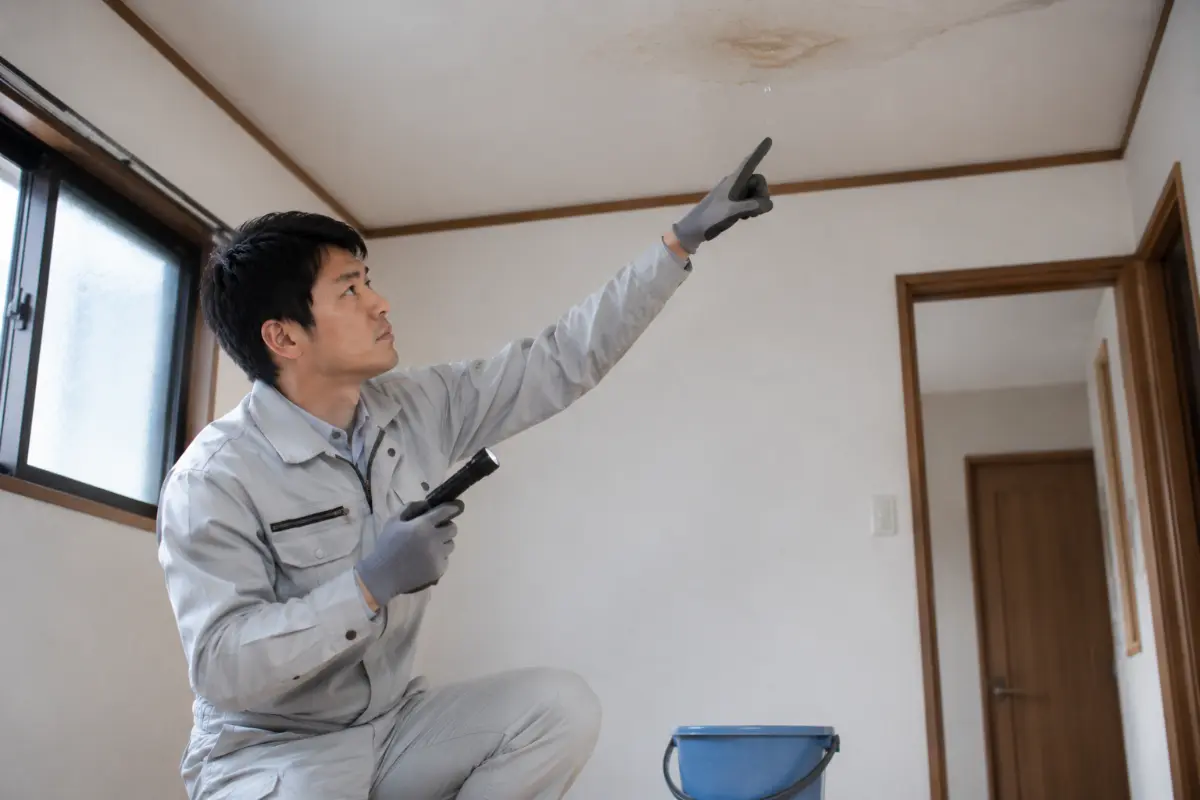 天井のシミを室内で確認する作業員のイメージ