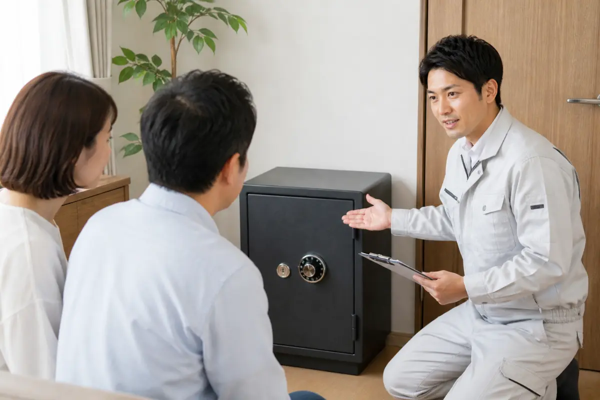 作業スタッフがお客様に金庫の状態や作業内容を説明しているイメージ