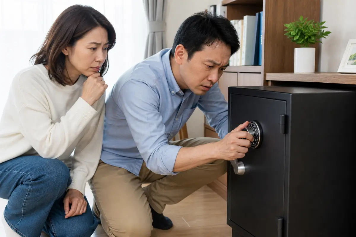 金庫が開かず困っている状況のリアルなイメージ