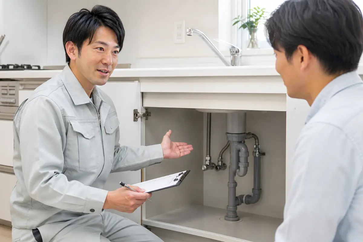 水漏れ修理の内容をお客様に説明しているイメージ