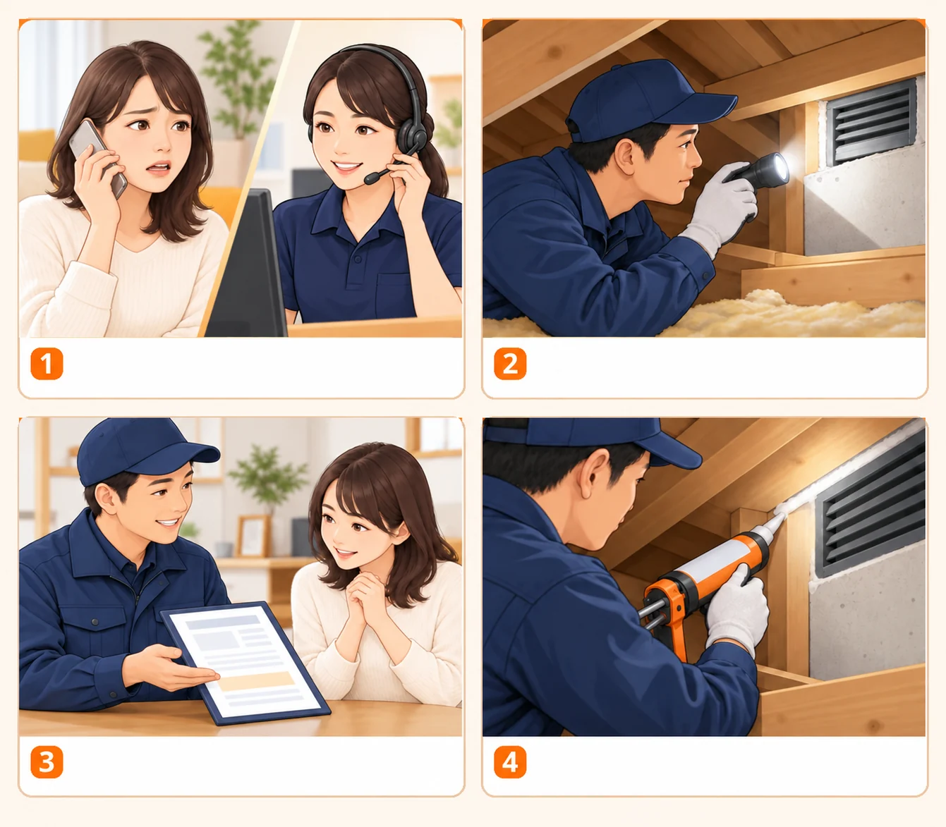 害獣の電話・LINE相談から現地確認、見積り説明、了承後の作業までのイメージ