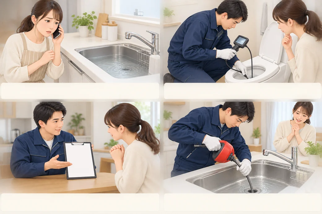 詰まり修理のご相談から作業完了までを描いた4工程のイメージ