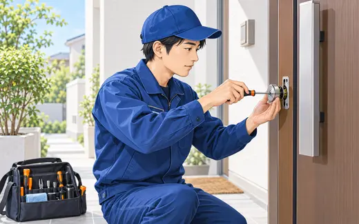 作業スタッフが玄関ドアの鍵を交換しているイラスト