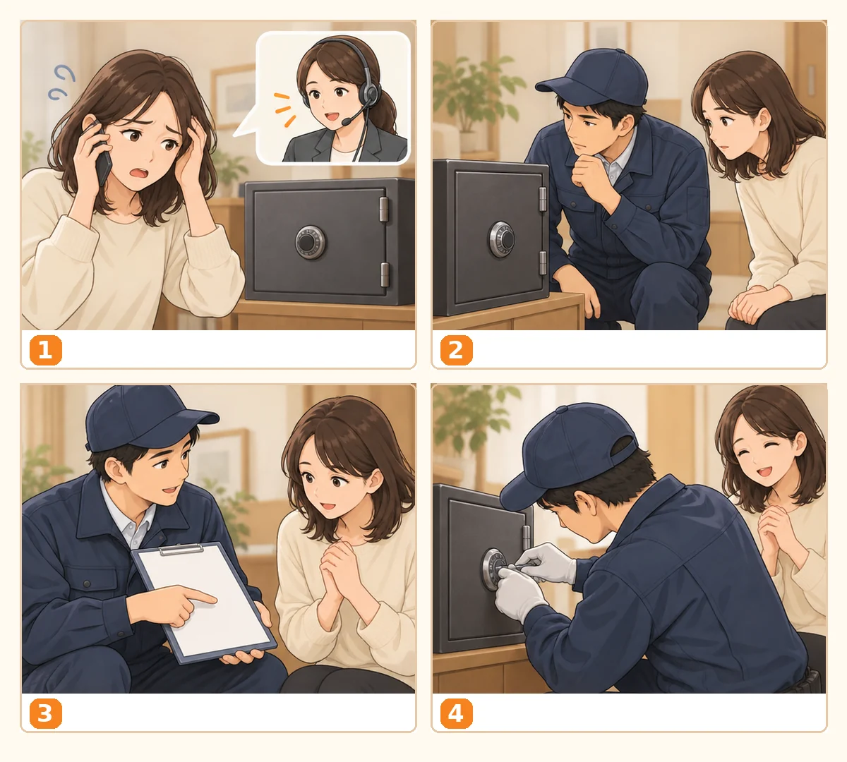作業の流れのイメージ。1 電話で相談、2 訪問・現地確認、3 見積り・作業説明、4 了承後に作業