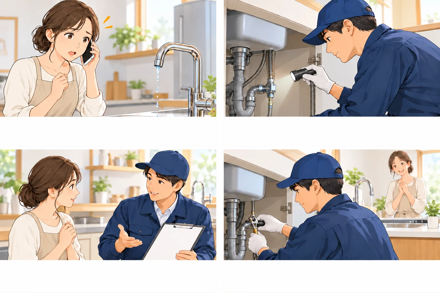 水漏れ修理のご相談から作業完了までを描いた4工程のイメージ
